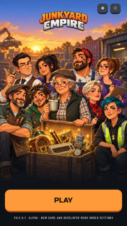 Junkyard Empire characters gathered around a crate of restored treasures on the game’s main menu.