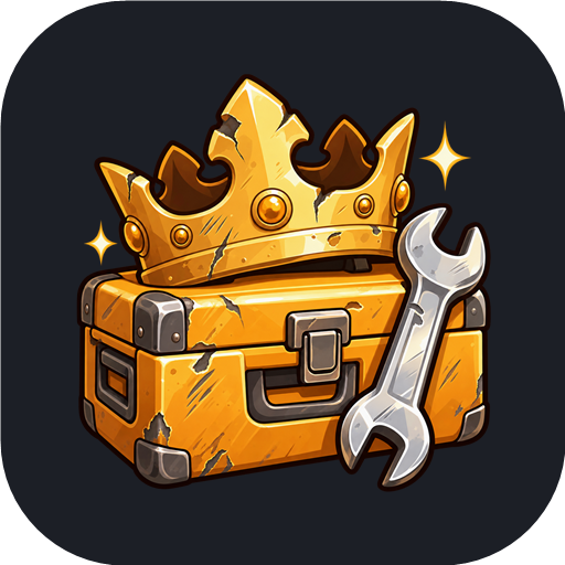 Golden crown and silver spanner resting on a battered orange toolbox.