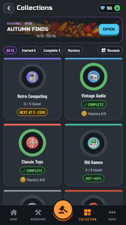 Collections screen showing progress in Retro Computing, Vintage Audio, Classic Toys and Old Games
