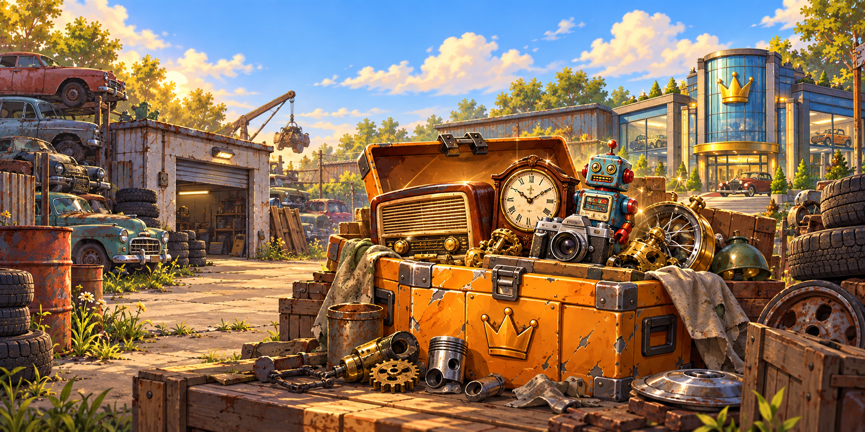 Open orange toolbox filled with vintage treasures in a sunny scrapyard, with a successful showroom in the distance.